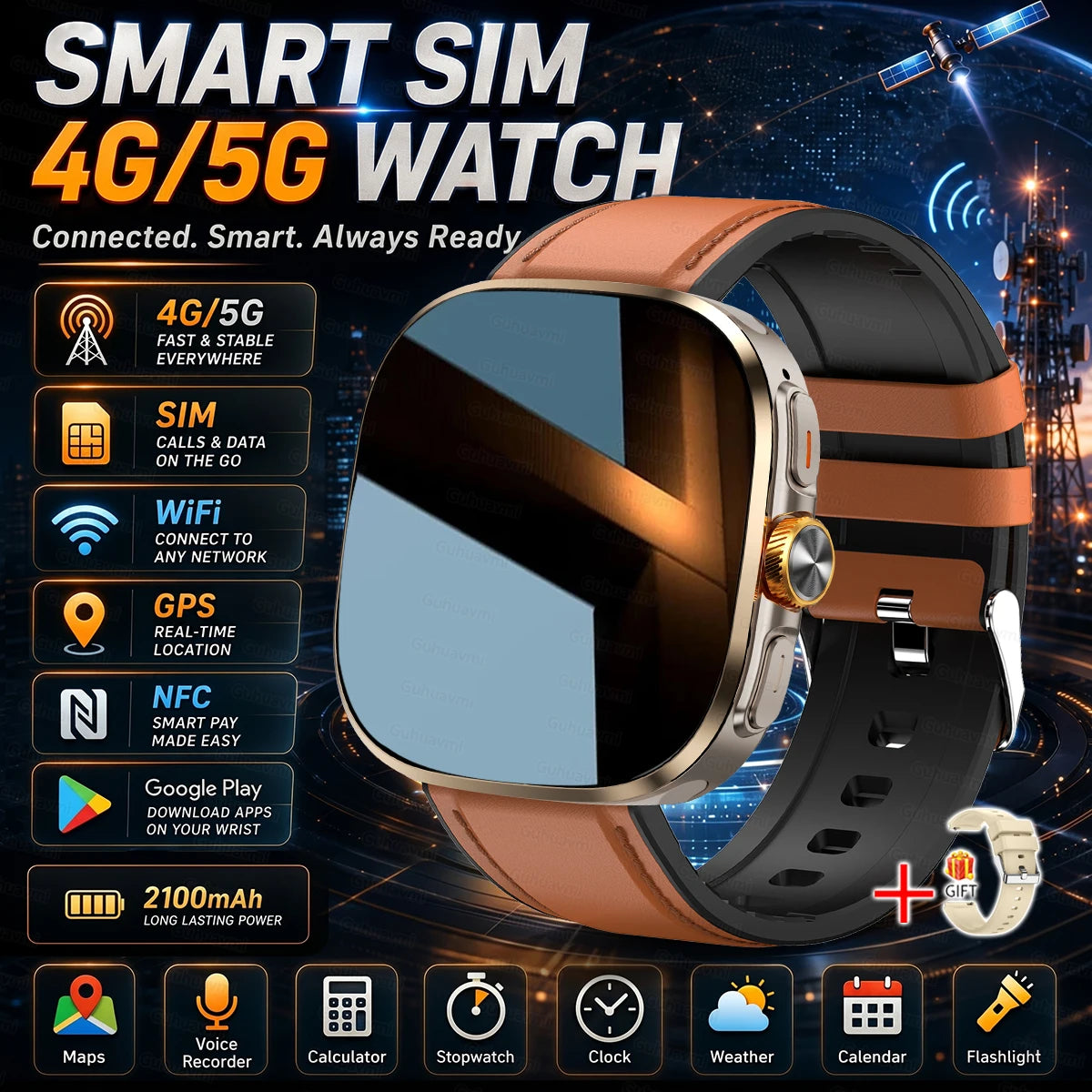 New upgrade 5G/4G Full Network Smart Watch AMOLED 2100mah Rotating Camera GPS WIFI Google APPS Download Smartwatch phone iOS
