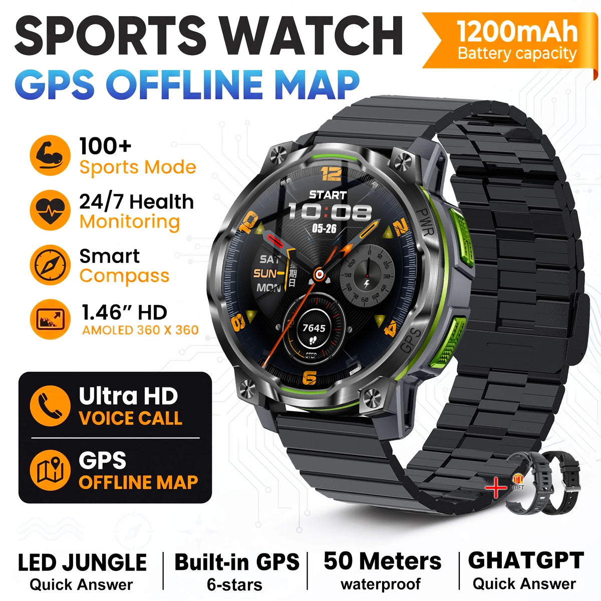 New Technology 2026 Offline Map GPS Smart Watch Men 1200mAh Battery Waterproof Compass Altimeter 100+Sports Military Smart Watch