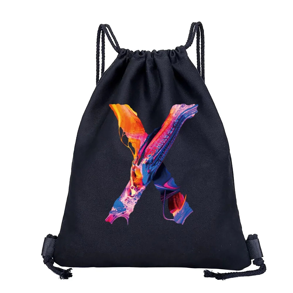 26 Initials Print Drawstring Bag Backpack Men and Women Beach Sports Travel Backpack Kid Gift Supplies Bag Portable Sundries Bag