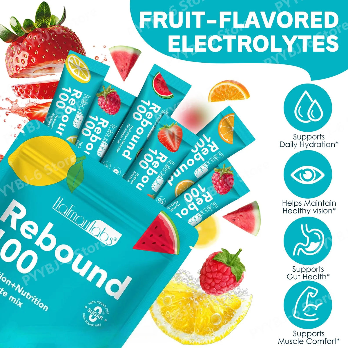 HolmanLabs Rebound 100 Electrolyte Supplement Powder Sugar Free Hydration Gut Vision Muscle Health Vitamins C B6 B12 30 Packets