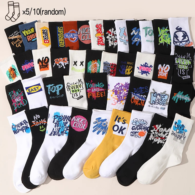 5 Pairs/10 Pairs Four Season Unisex Personalized Creative Trendy Cool Letters Versatile Street Hip-Hop Long Tube Sports Socks