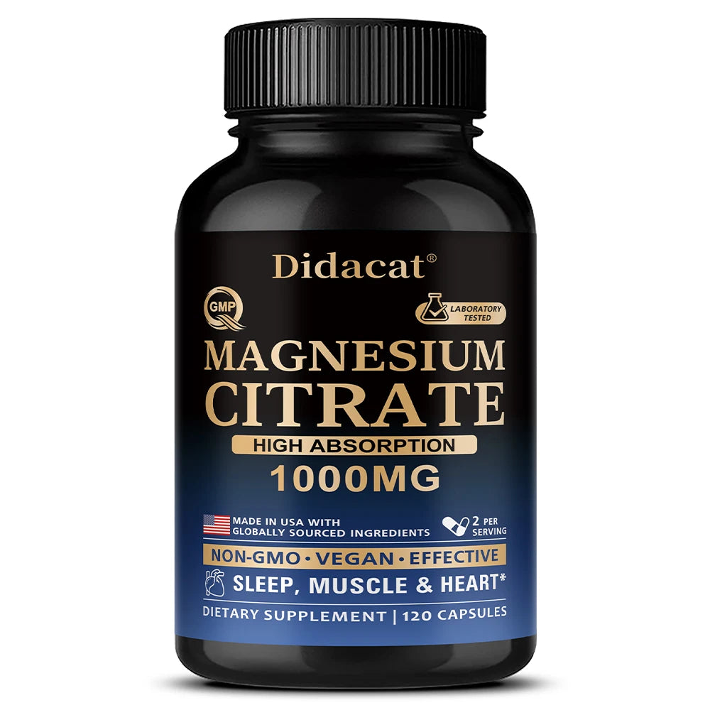 Magnesium Citrate Capsules 1000mg,High Absorption Supplement - Sleep, Muscle & Heart Support,Non-GMO Vegan