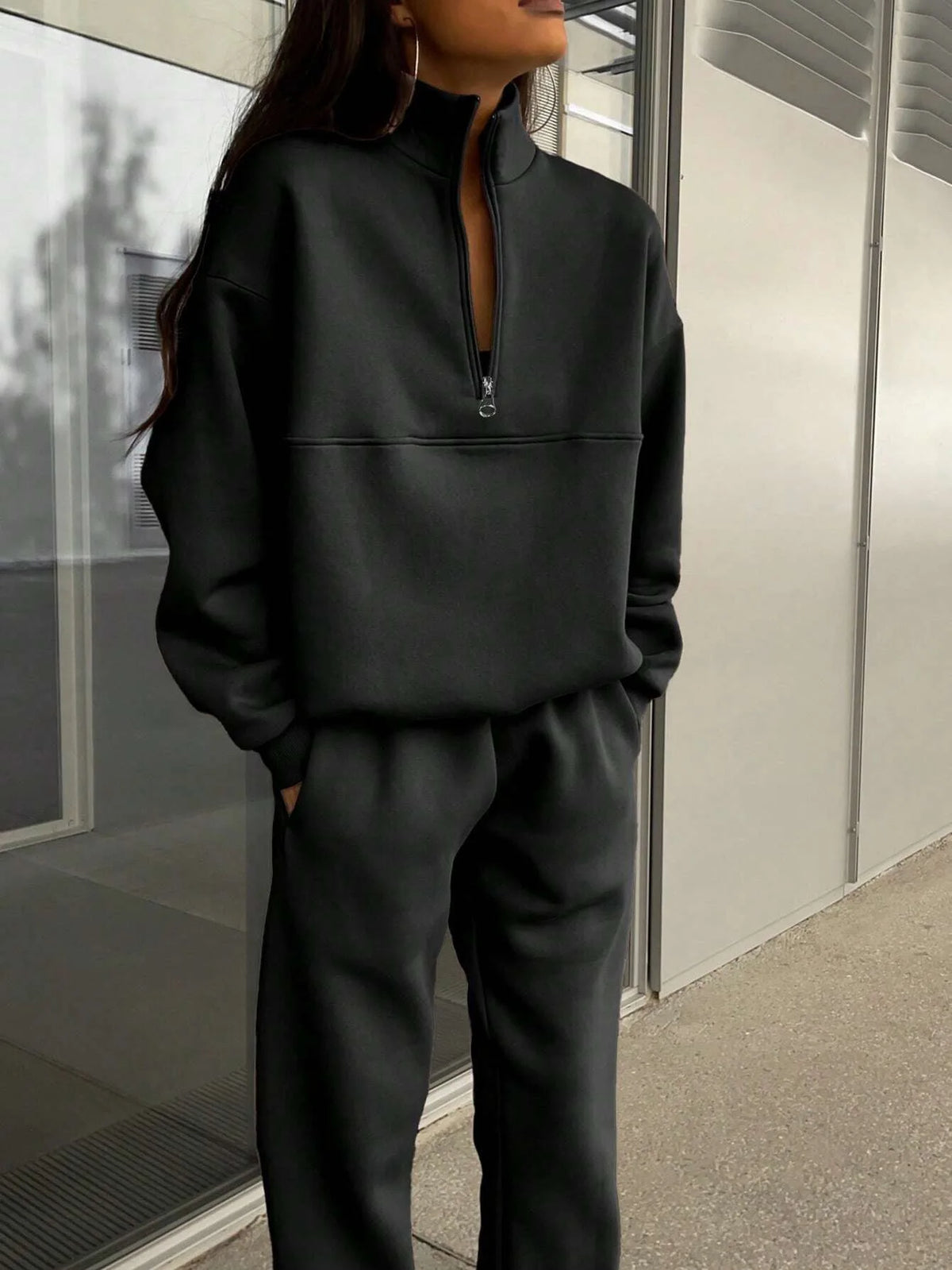FSMG Casual Half High Neck Tracksuit Solid Long Sleeve Zippers Pullovers+Elastic Waist Pant 2 Piece Set Female Sport Outifits