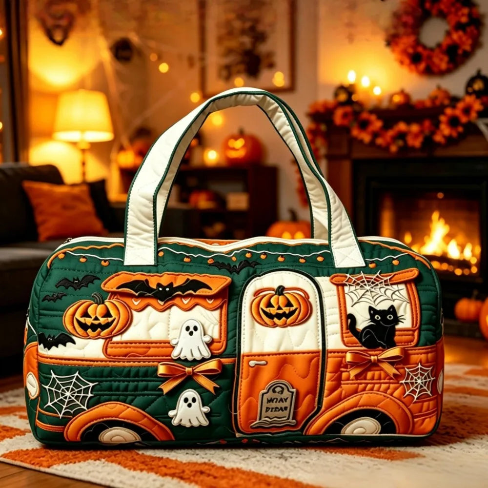 Halloween Quilted Women's Bus Pumpkin Bat Printed Handbag Valentine's Day Gift Multifunctional Fitness Bag Short Trip Bag