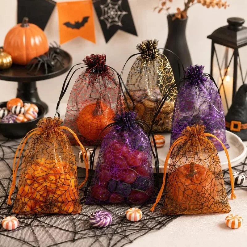 10/100pcs Halloween Candy Gift Bag Mesh Drawstring Spider Web Printing Storage Pouch Home Festival Party DIY Horror Decor Bag