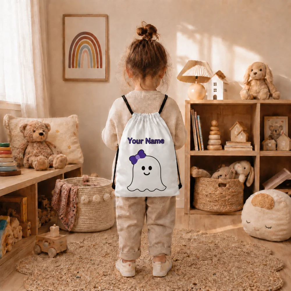 1pc Custom Name Halloween Cute Ghost Drawstring Backpack, Personalized Print String Storage Bag for Kids Gym Trick Or Treat Gift