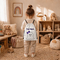 1pc Custom Name Halloween Cute Ghost Drawstring Backpack, Personalized Print String Storage Bag for Kids Gym Trick Or Treat Gift