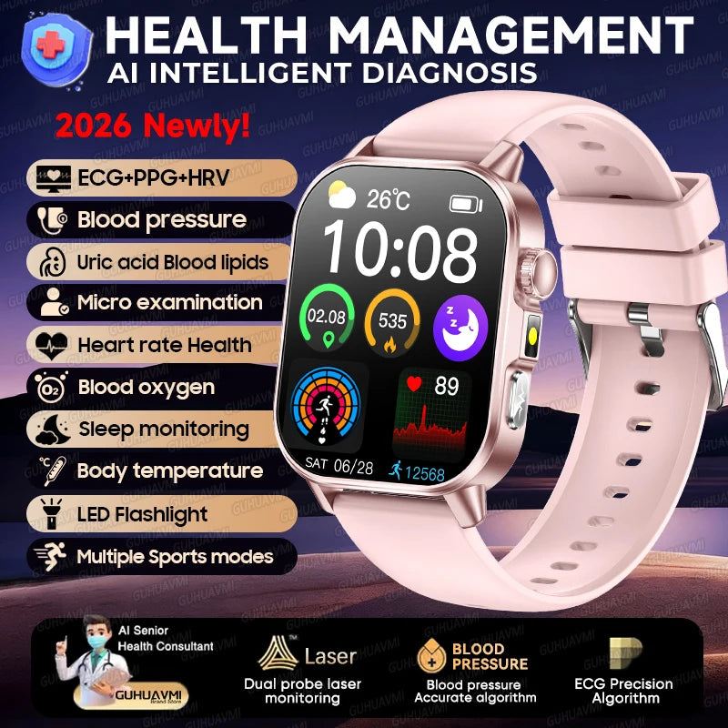 2026 New Micro Physical Examination Health Smartwatch Blood Pressure Uric Acid Blood Lipids Flashlight Care Smartwatch for Women
