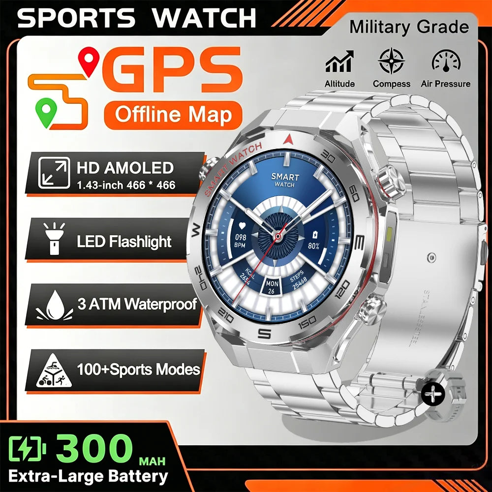 2026 New GPS Sports Smartwatch 300mAh Large Battery LED Flashlight Compass Barometer Military Grade Men's Smartwatch Gift