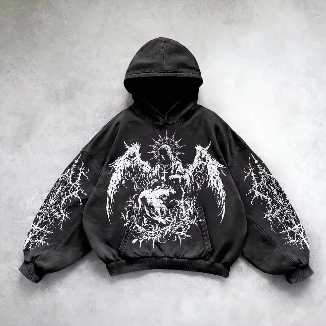 6xl Retro Gothic Evil Angel Print Hip Hop Hoodie for Men Y2k Punk Casual Loose Pullover Women Streetwear Sweatshirt Hoodies