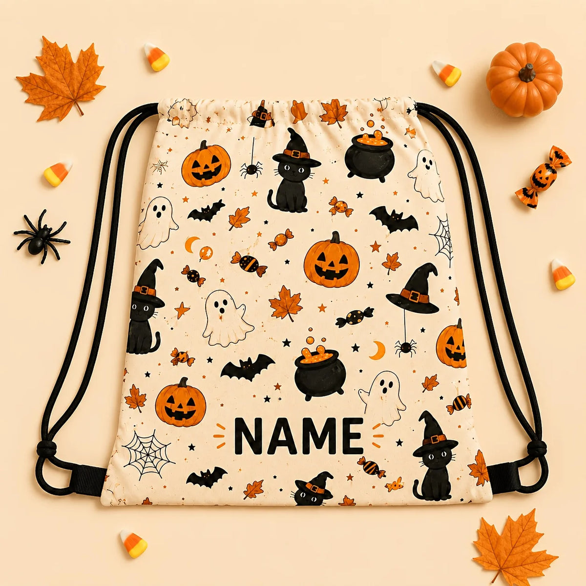 1PC Personalized Halloween Drawstring Bag Custom Name Pumpkin Ghost Candy Backpack Sack Boys Girls Party Gift Bag Decoration