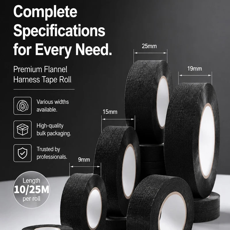 Automotive Wiring Harness Tape Black Fabric Cloth Tape Adhesive Insulation Electrical Tape 9/15/19/25mm Width 10/25M Length