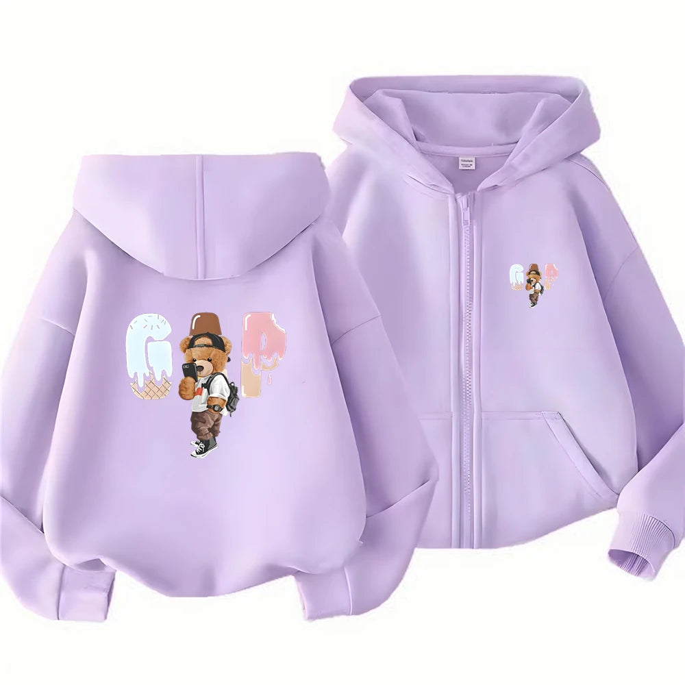 Fashion Bear clothing print Kid 3-12 Year Hoodie Zip Up Hoodies cardigan Tops Girl pink Black Coat autumn Children Purple