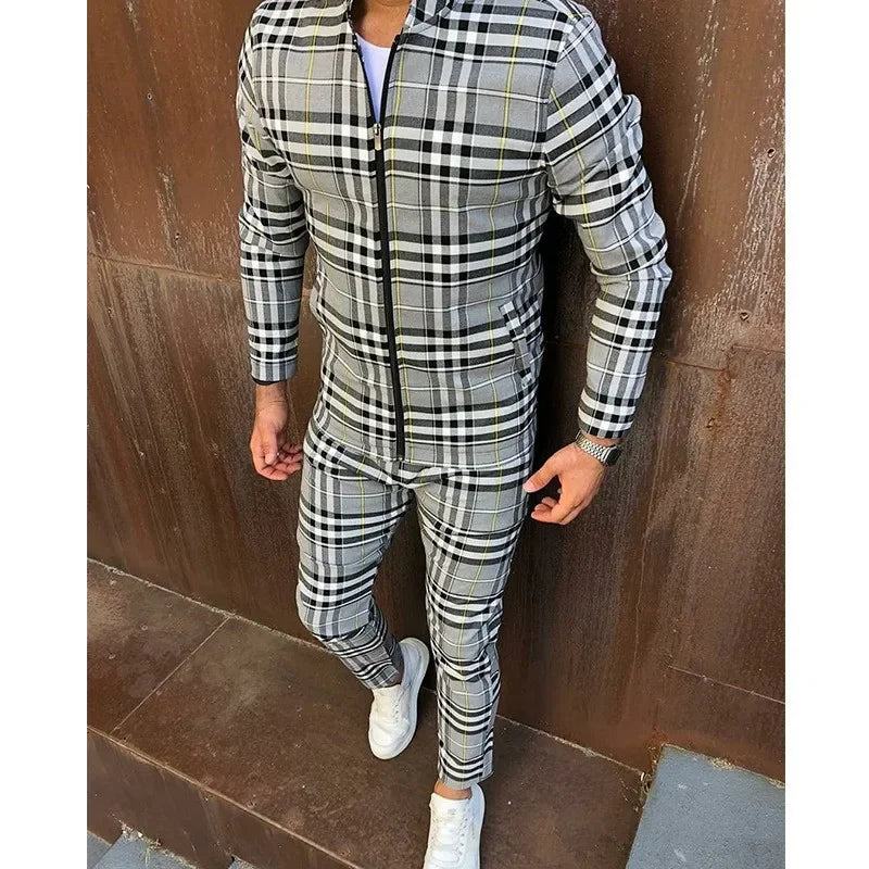 2-piece Autumn Winter New Men's Sports Set Clothes for Man Tracksuit Sport Checkered Zipper Sports Shirt Running Jogging Clothes