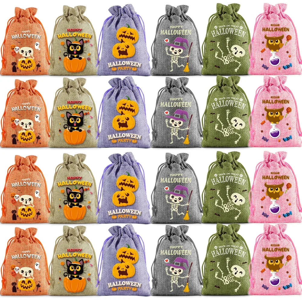 24pcs Set Drawstring Gift Bags Halloween Magic in a Bag Ghost Pumpkin Skull Pattern for Trick-or-Treating & Candy Giving