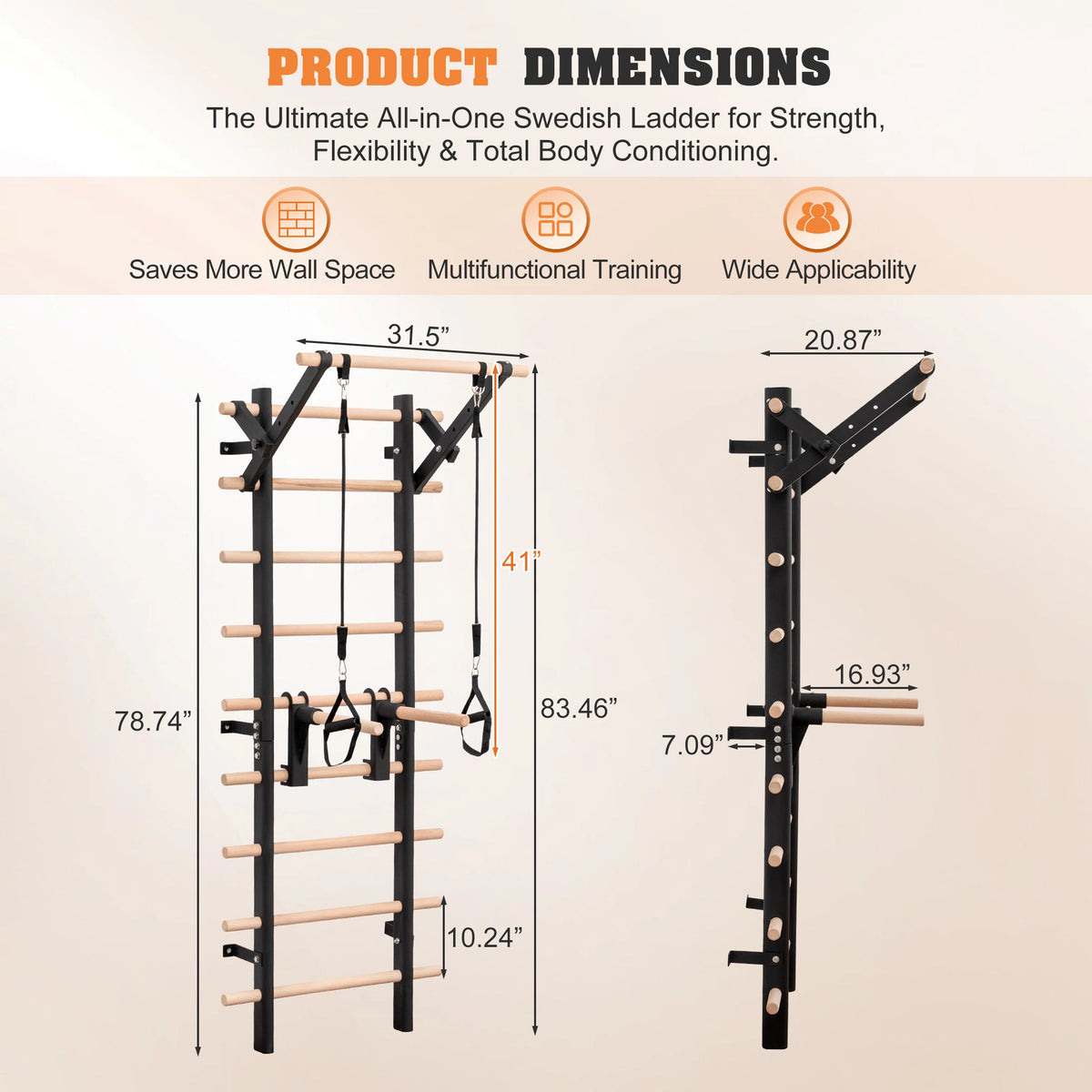 Home Gym Stall Bars Swedish Ladder, Wall Mounted Steel Frame Gym Wall Bars with Pull-Up Station & Dip Bars, Training Ladder for Stretching, Calisthenics and Physical Therapy