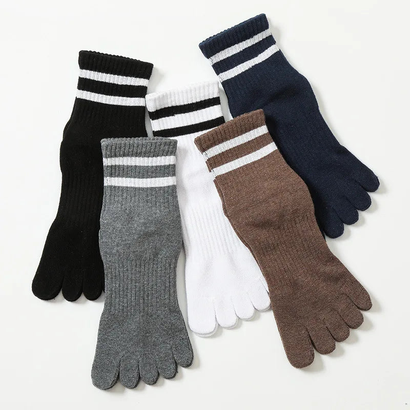 5 Pairs/lot Man Toe Sport Socks Compression Thick Cotton Black White Stripes Elastic 5 Finger Short Socks Outdoor Running Socks