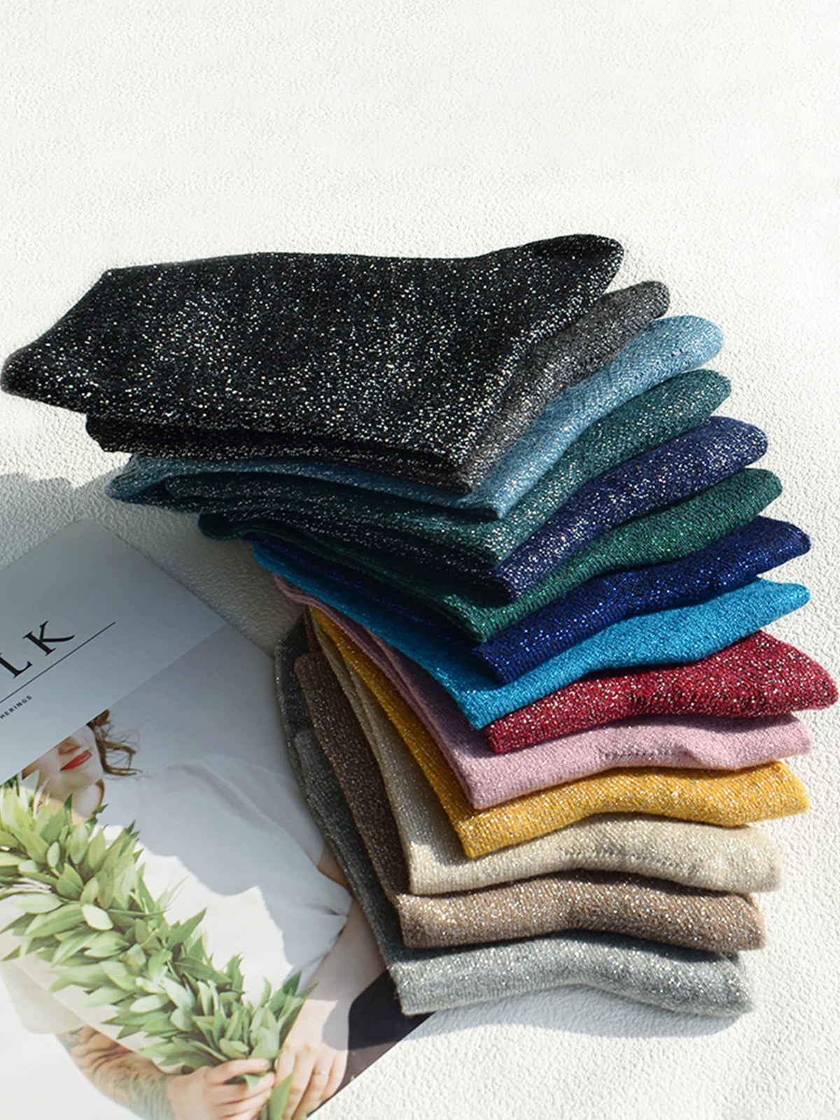 3/5/10/15 Pairs Random Solid Color Glitter Crew Socks ,Random Solid Color Glitter Crew Socks , Comfortable & Versatile for Women