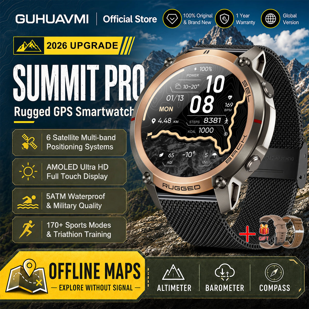 2026 New Google Maps Smart Watch GPS Route Tracking Offline Map Compass Fitness Tracker BT Call Rugged Outdoor HD Smartwatch Men