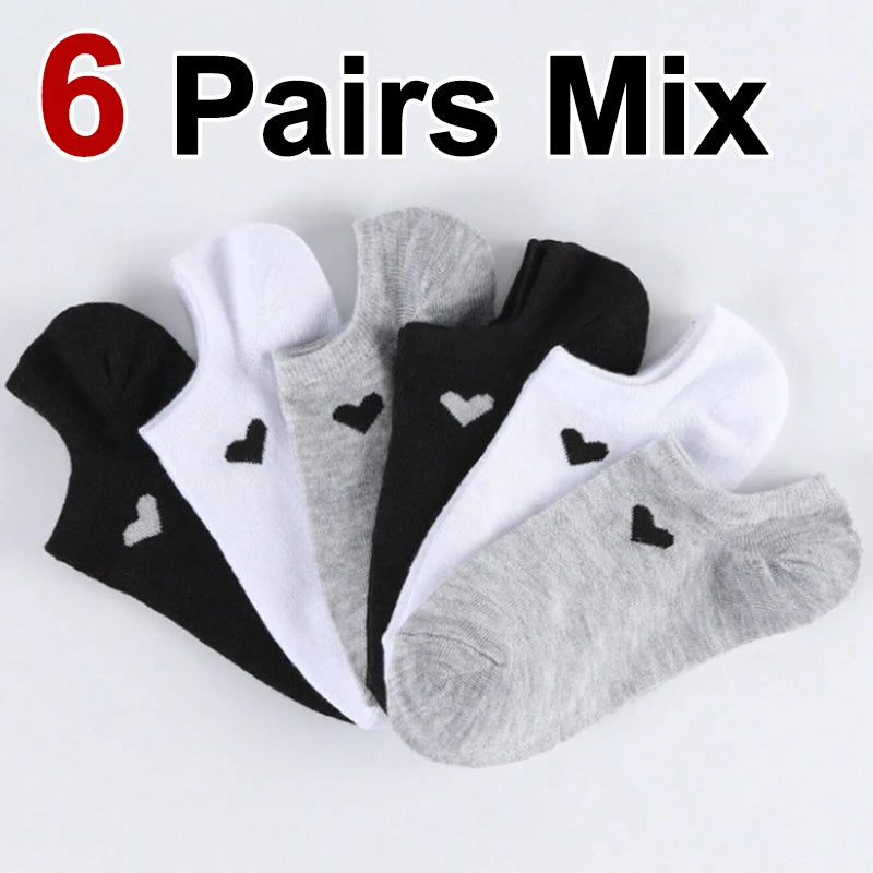 6/12 Pairs Solid Color Heart-Shaped Printed Women Short Socks Summer Breathable Soft Comfortable Simple Style Casual Socks