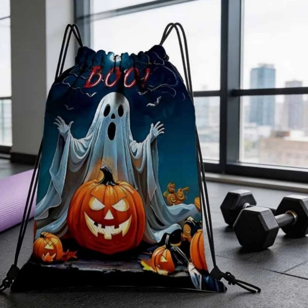 1Pc Custom Text Halloween Pumpkin Drawstring Backpack, Portable Drawstring Bag, Suitable for Gym, Travel, Sports, Holiday Gift