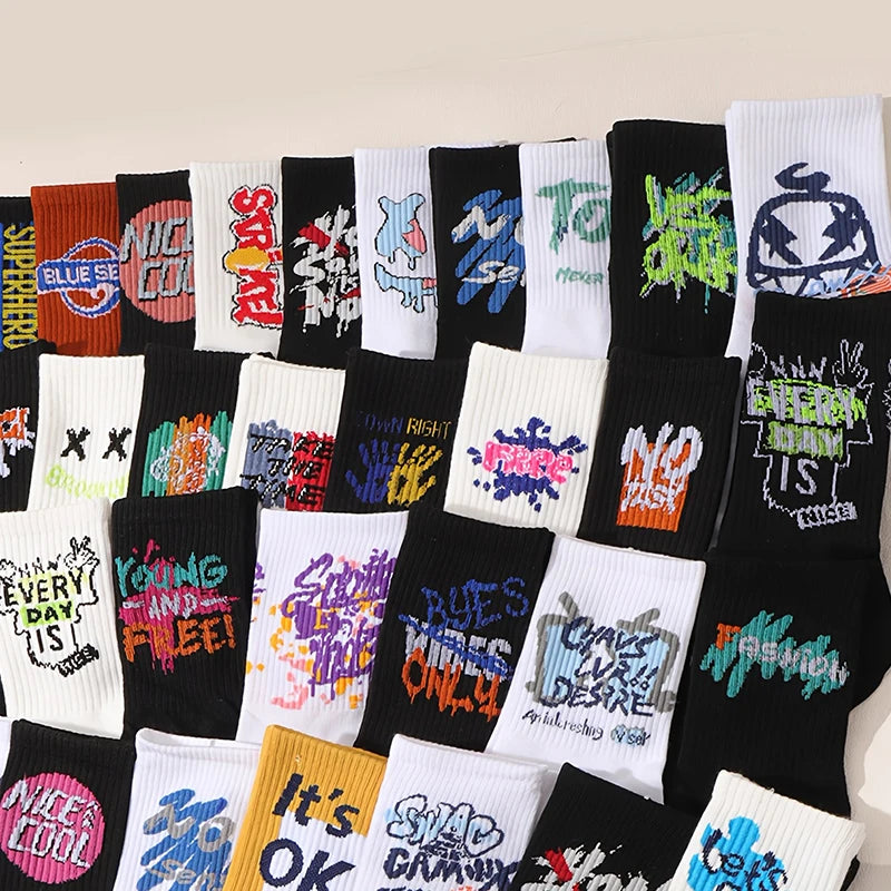 5 Pairs/10 Pairs Four Season Unisex Personalized Creative Trendy Cool Letters Versatile Street Hip-Hop Long Tube Sports Socks