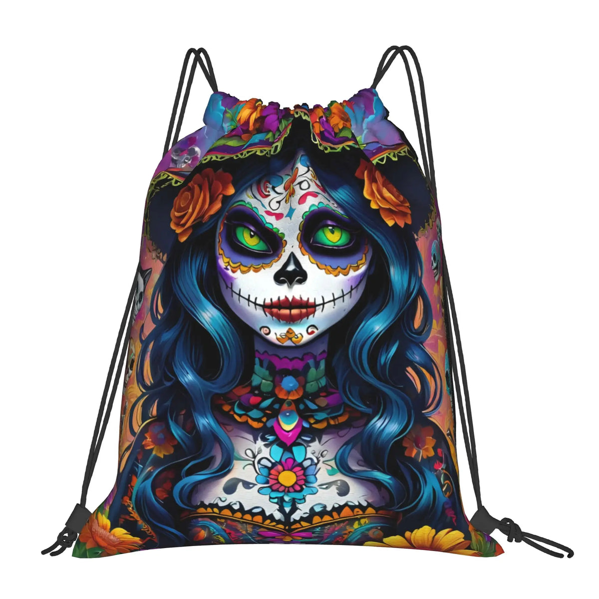 Custom Day of the Dead Retro Style Ideal Gift Halloween Drawstring Backpack Sports Gym Bag for Women Men  Training Sackpack