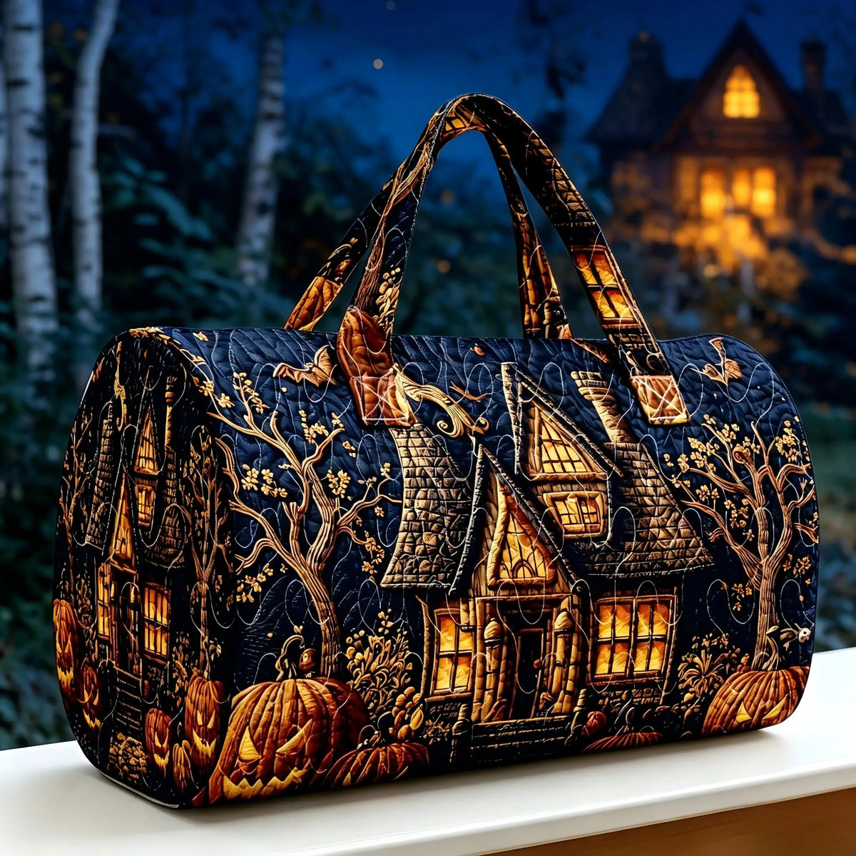 Halloween Quilted Luggage Bag Ghost Castle Weekend Bag Large Capacity Autumn Travel Gym Women's Overnight Short Trip Tote Bag