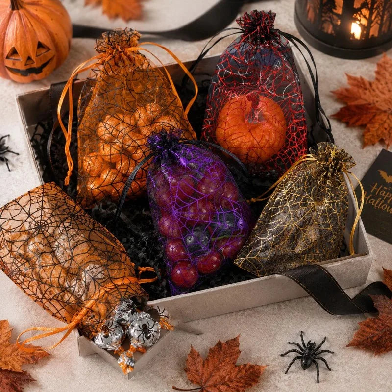 10/100pcs Halloween Candy Gift Bag Mesh Drawstring Spider Web Printing Storage Pouch Home Festival Party DIY Horror Decor Bag