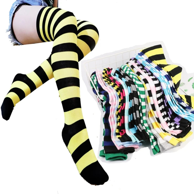 Thigh High Socks Japanese Cosplay Anime Multicolor Striped Printed Over Knee Long Stockings for Women Leg Warmer