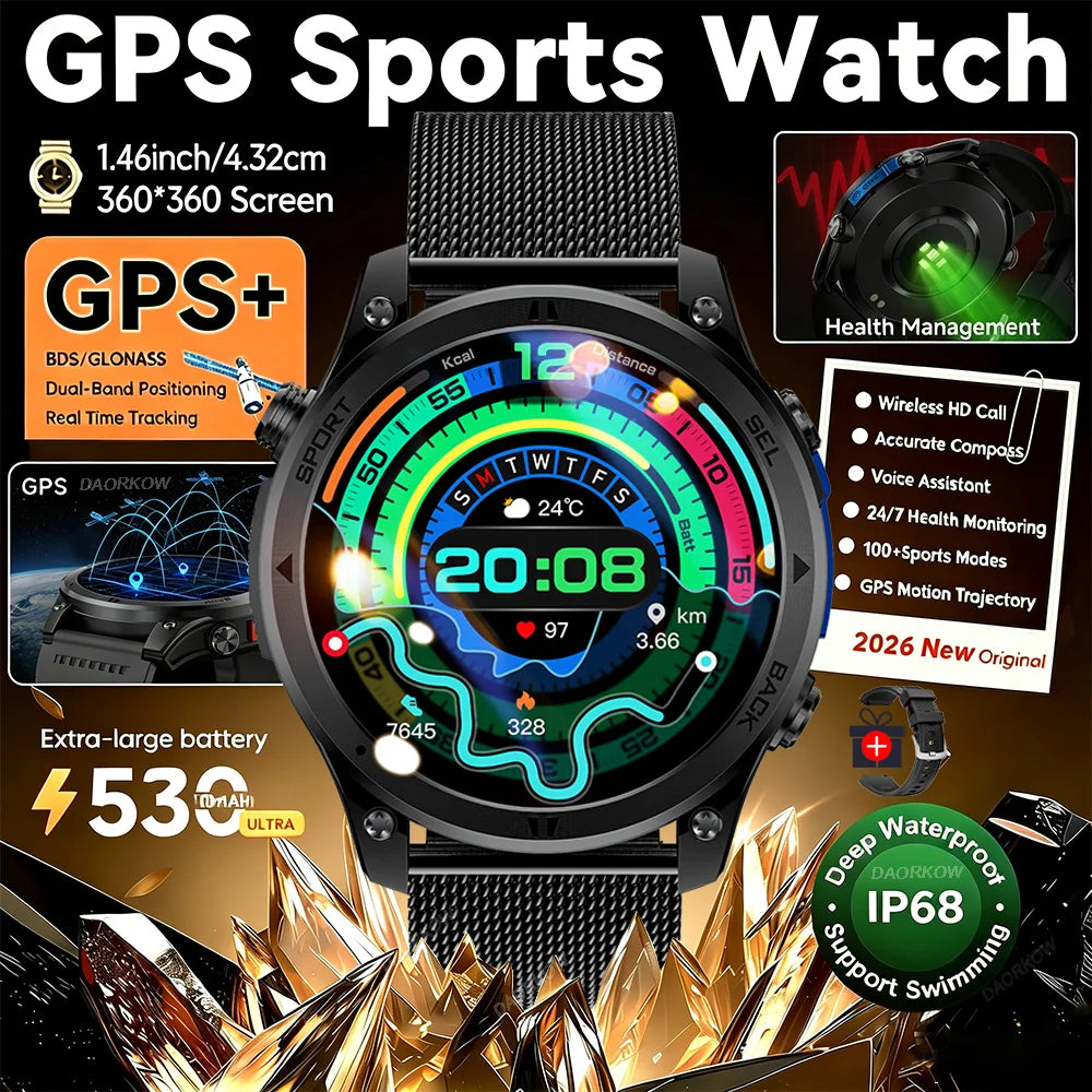 Gold Smartwatch for Men: 1.46-Inch AMOLED Screen, LED Flashlight, 560mAh Battery, 10ATM Waterproof, Bluetooth Call Smartwatch