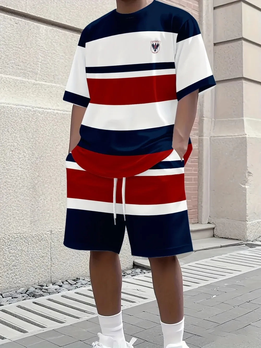 Summer Men's New Spliced Printed Pattern Breathable Round Neck T-Shirt and Shorts Outdoor Skin Friendly Casual Two-Piece Set