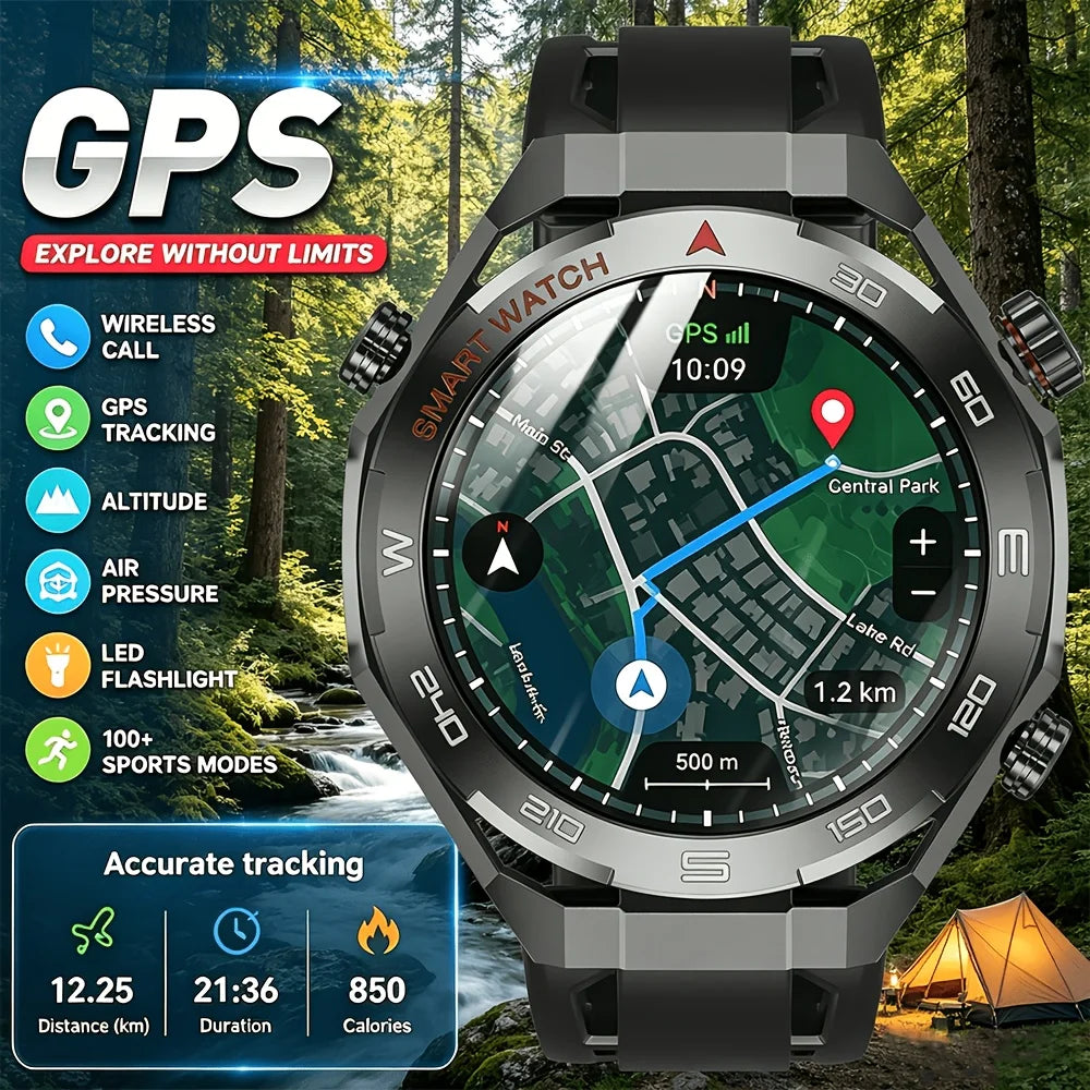 2026 New GPS Sports Smartwatch 300mAh Large Battery LED Flashlight Compass Barometer Military Grade Men's Smartwatch Gift