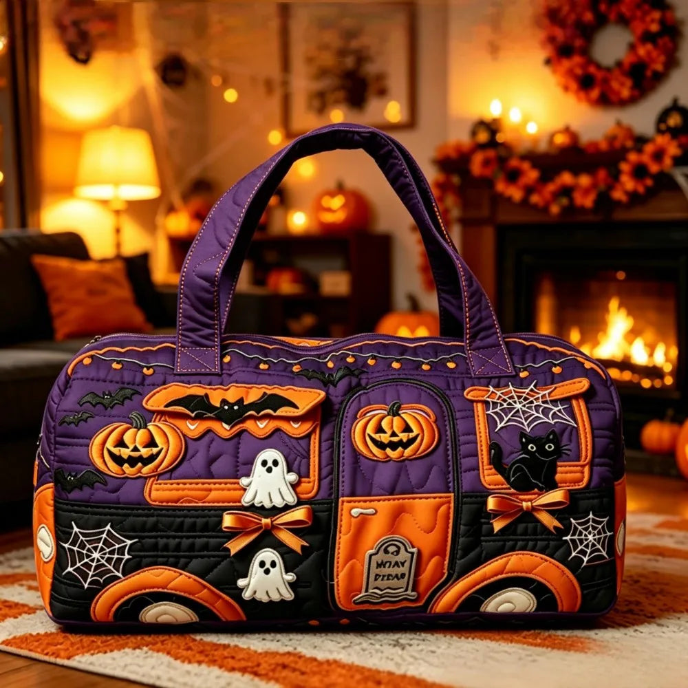 Halloween Quilted Women's Bus Pumpkin Bat Printed Handbag Valentine's Day Gift Multifunctional Fitness Bag Short Trip Bag