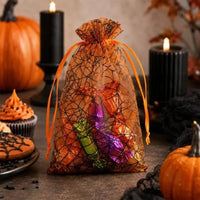 10/100pcs Halloween Candy Gift Bag Mesh Drawstring Spider Web Printing Storage Pouch Home Festival Party DIY Horror Decor Bag