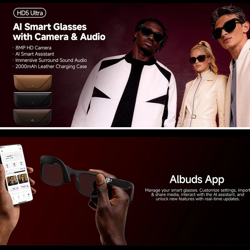 Upgraded HD5-ultra AI Smart Glasses AI Real-time Translation 800W Pixel Camera Photo Video Recording 300 Mah Smart Glasses 2026