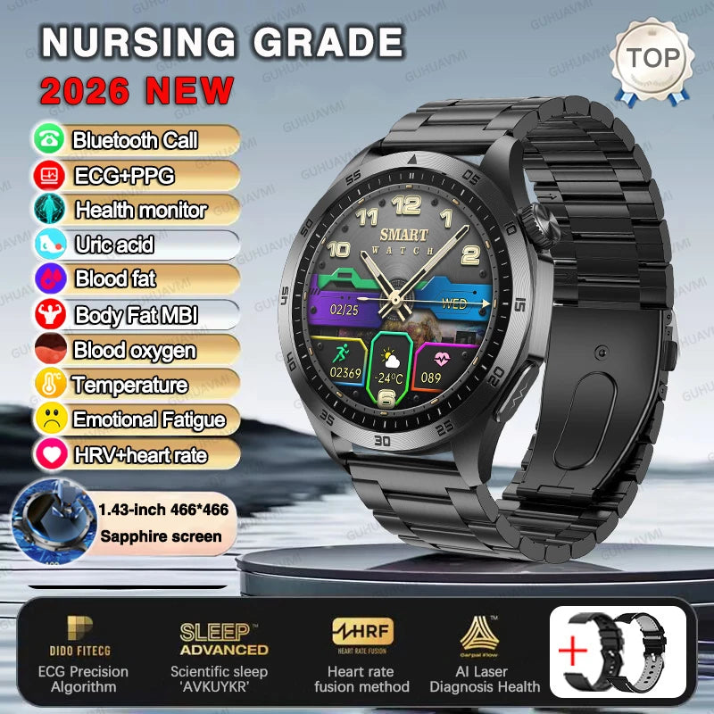 2026 New ECG+PPG Smart Watch Men Treatment Blood Pressure Uric acid Lipids Smartwatch Bluetooth Call Body analysis Health Clock
