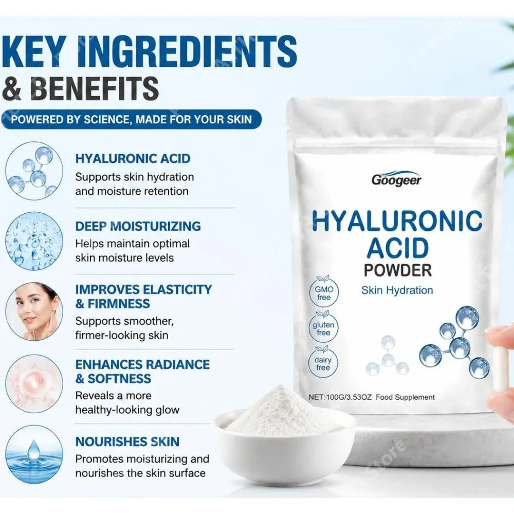 Googeer Hyaluronic Acid Powder for Skin Hydration and Deep Moisturizing, GMO Free Gluten Free Daily Beauty Wellness Support 100g
