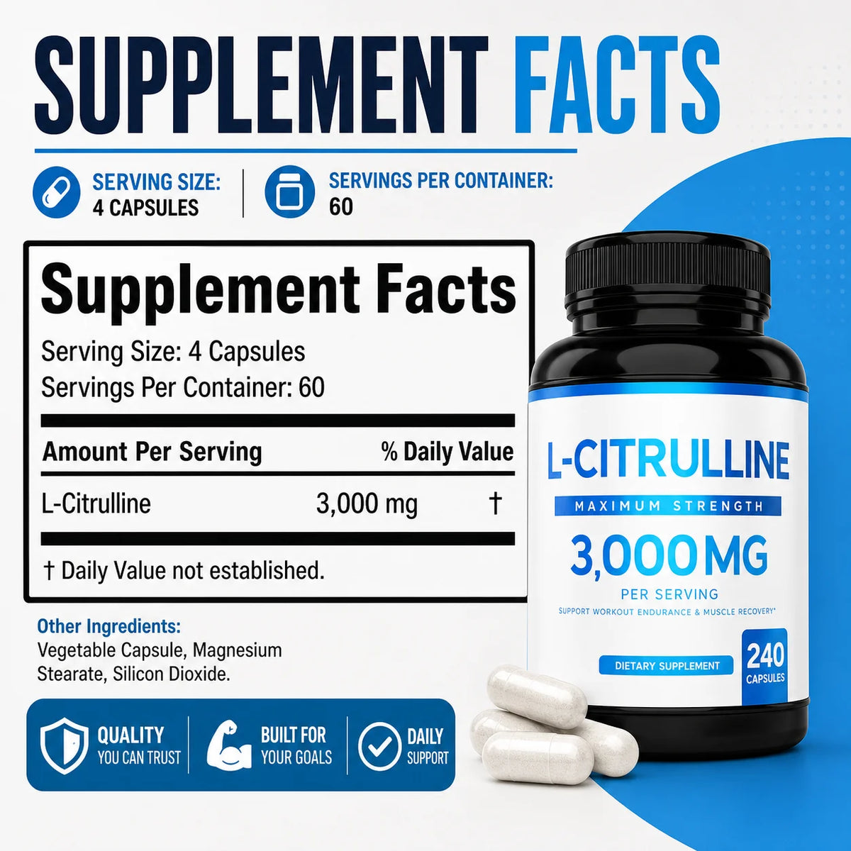 L-Citrulline 3000mg Supplement for Men & Women Vegan Amino Acid Sports Support for Workout Pump Muscle Recovery 60 Servings