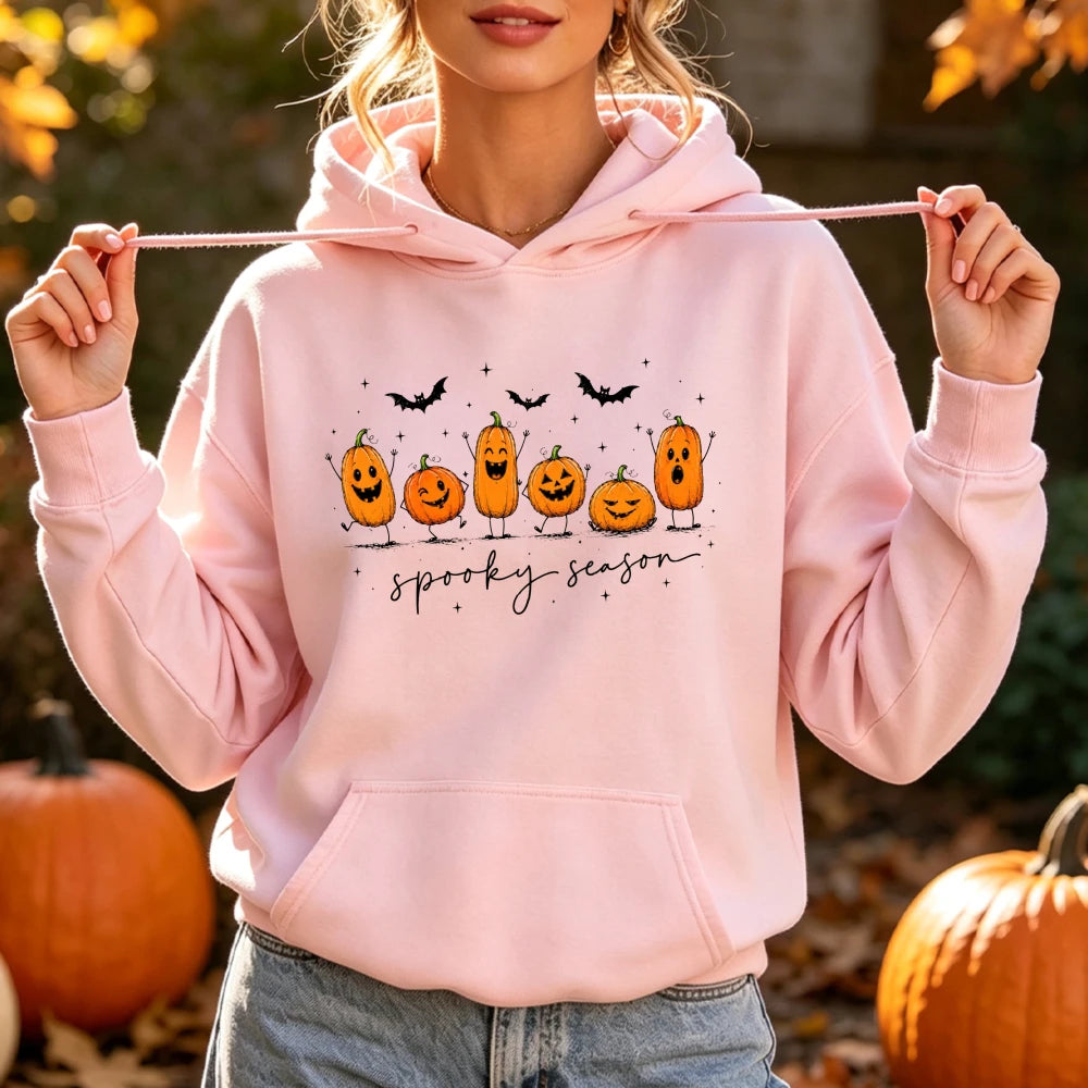 Spooky Season Cute Pumpkin Jack O Lantern Print Hoodie Women Halloween Fall Autumn Funny Graphic Long Sleeve Pullover Top