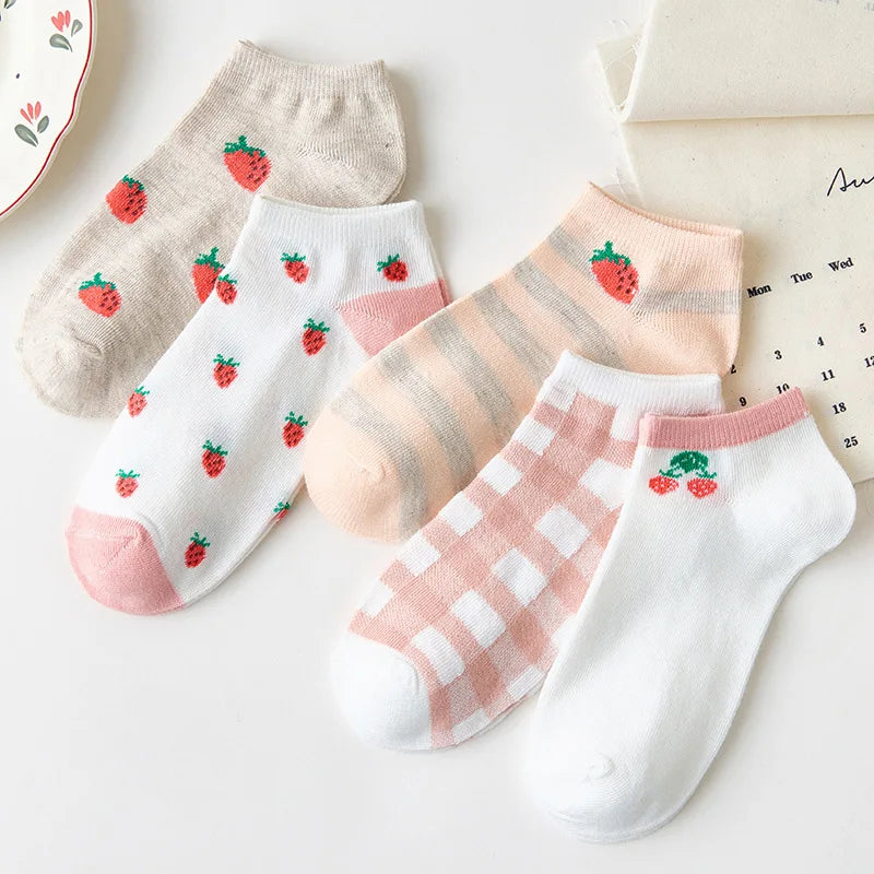 5 Pairs Socks Womens Summer Autumn Socks Women Quality Cotton Cute Set Japanese Style Sports Fashion Short Ankle Socks Harajuku