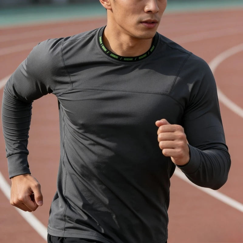 Autumn Breathable Round Neck Long Sleeve Quick‑Dry Fitness Shirt Pull‑Over Solid Sun‑Protection Running T‑Shirt Men