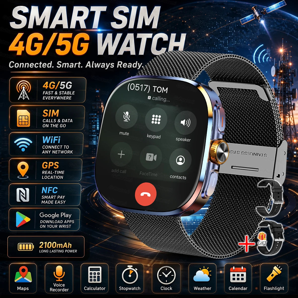 New upgrade 5G/4G Full Network Smart Watch AMOLED 2100mah Rotating Camera GPS WIFI Google APPS Download Smartwatch phone iOS