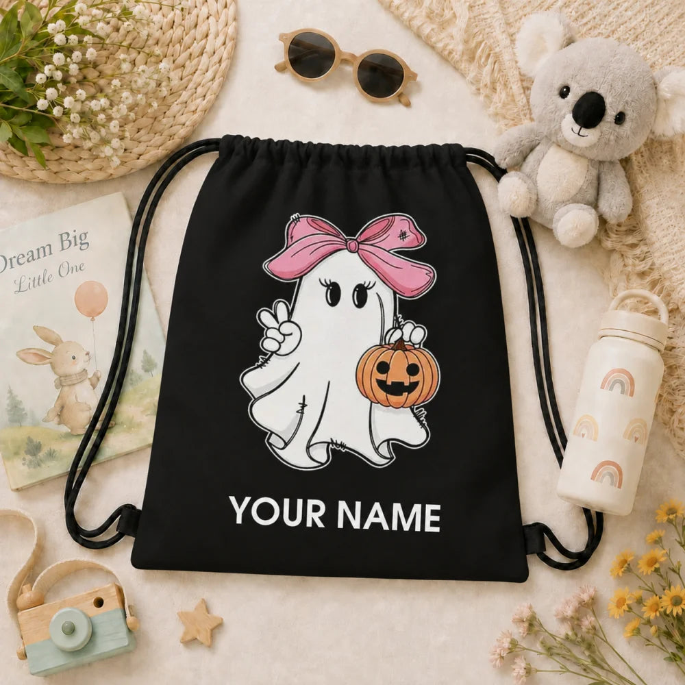 Personalized Name Halloween Ghost Drawstring Bag Bow Pumpkin Kids Trick Or Treat Sack Backpack 34x41cm