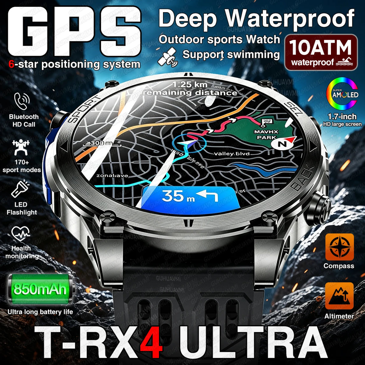 T-RX4 Ultra GPS Outdoors Military Smart Watch Men 1.7