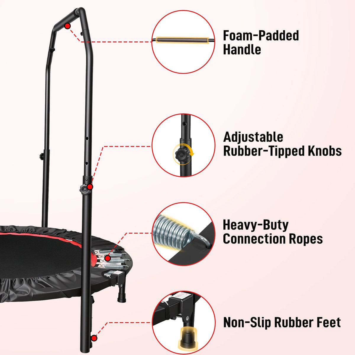 40-Inch Folding Rebounder Trampoline Fitness with Handlebar 716 lbs Weight Capacity Tool Free Assembly for Adults & Kids – Indoor & Outdoor Cardio Fat Burning & Body Shaping
