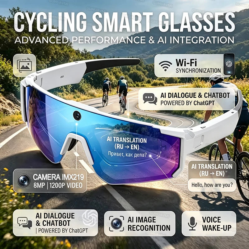 New AI Smart Glasses With Camera 1200P Video Recording Anti-Shake Shooting Sunglasses Bicycle Riding Windproof Goggles Men Women