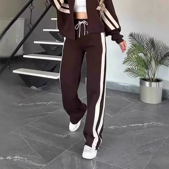 Women's Matching Two-Piece Sport Set Stand Collar Full Zip Cropped Top with Side Double Stripe Wide Leg Drawstring Waist Jogger