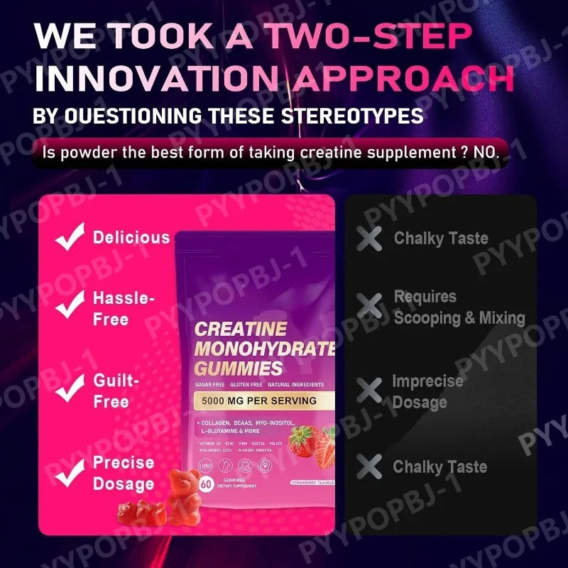 Creatine Monohydrate Gummies 60 Count with Collagen, Biotin, Vitamin D3 & Hyaluronic Acid for Daily Pre & Post Workout Recovery