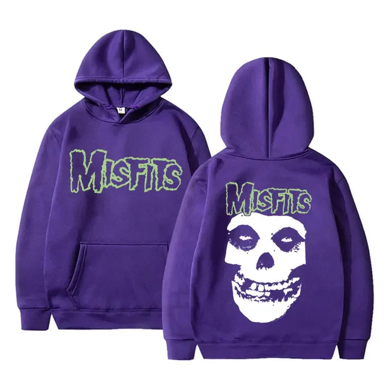 2025 Horror Punk Misfits Skull Graphic Print Hoodie Men Gothic Vintage Loose Fleece Cotton Hooded Sweatshirt Rock Style Pullover